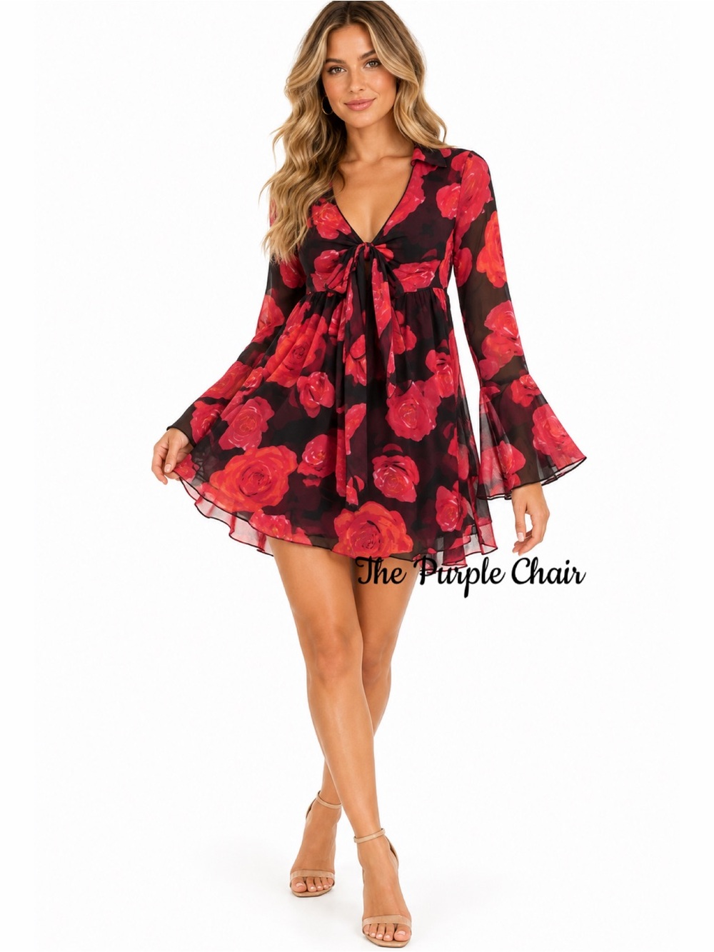 URBAN OUTFITTERS NWT Black/Red Floral Long Split Sleeve Tie Front Mini Dress XS